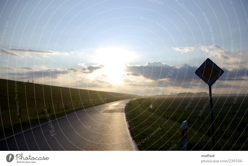 Sonntag Morgen am Deich lang Ausflug Sommer Meer Landschaft Wolken Sonne Sonnenlicht Schönes Wetter Gras Küste Straße Verkehrszeichen Verkehrsschild blau braun