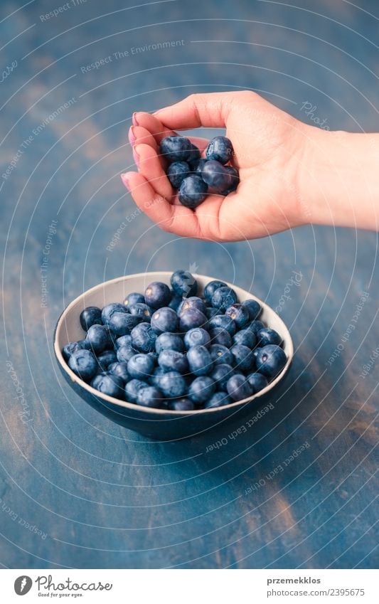 Frau, die frische Heidelbeeren aus einem Glas in eine kleine Schüssel legt. Lebensmittel Frucht Ernährung Bioprodukte Vegetarische Ernährung Diät