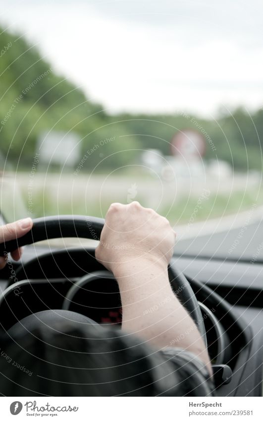 Fahn, fahn, fahn auf der Autobahn Arme Hand 1 Mensch Autofahren Straße PKW Lenkrad lenken Windschutzscheibe Schulter Unterarm Verkehrsschild Farbfoto