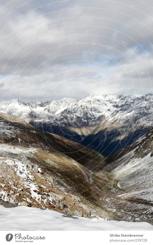 Blick vom Rettenbachgletscher auf die Ötztaler Alpen Umwelt Natur Landschaft Wolken Sonnenlicht Herbst Wetter Eis Frost Schnee Gras Felsen Berge u. Gebirge