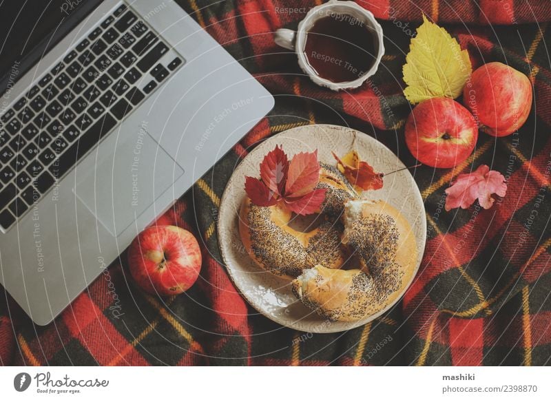 Draufsicht auf den gemütlichen Herbstmorgen zu Hause Apfel Frühstück Getränk Tee Lifestyle Erholung Winter Dekoration & Verzierung Tisch