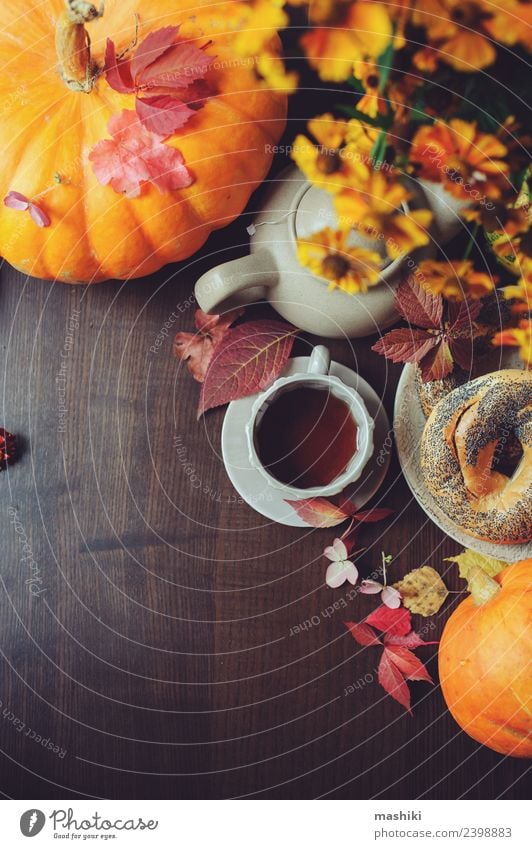 Draufsicht auf das gemütliche Herbstfrühstück auf dem Tisch Frühstück Getränk Tee Topf Lifestyle Erholung Dekoration & Verzierung Wärme Blatt Wald Geborgenheit