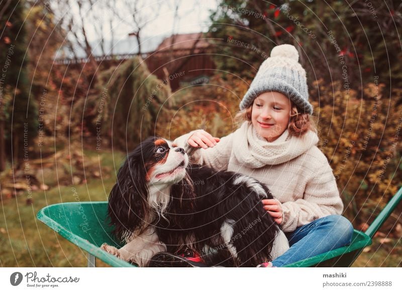 lustiges Kind Mädchen reitet mit ihrem Hund in der Schubkarre Lifestyle Freude Spielen Garten Freundschaft Kindheit Herbst Wetter Pullover Haustier Fröhlichkeit