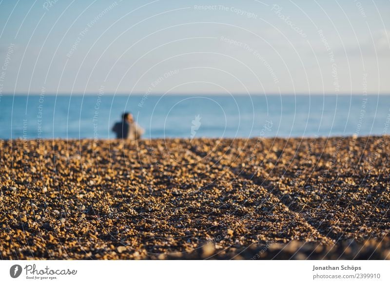 Pärchen sitzt am Strand Paar Partner 2 Mensch Natur Himmel Wolkenloser Himmel Wellen Küste Meer Steinstrand Brighton Großbritannien Europa Hafenstadt berühren