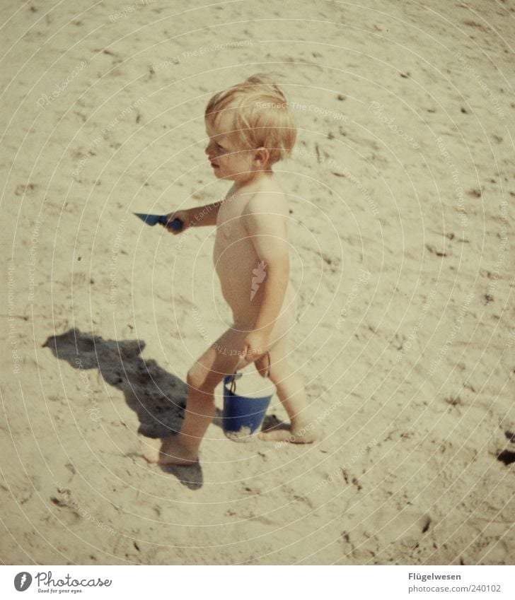 Kleiner Sandmann Freizeit & Hobby Spielen Ferien & Urlaub & Reisen Tourismus Ausflug Kind Junge 1 Mensch Sommer Strand Spielzeug Sandstrand Eimer Farbfoto