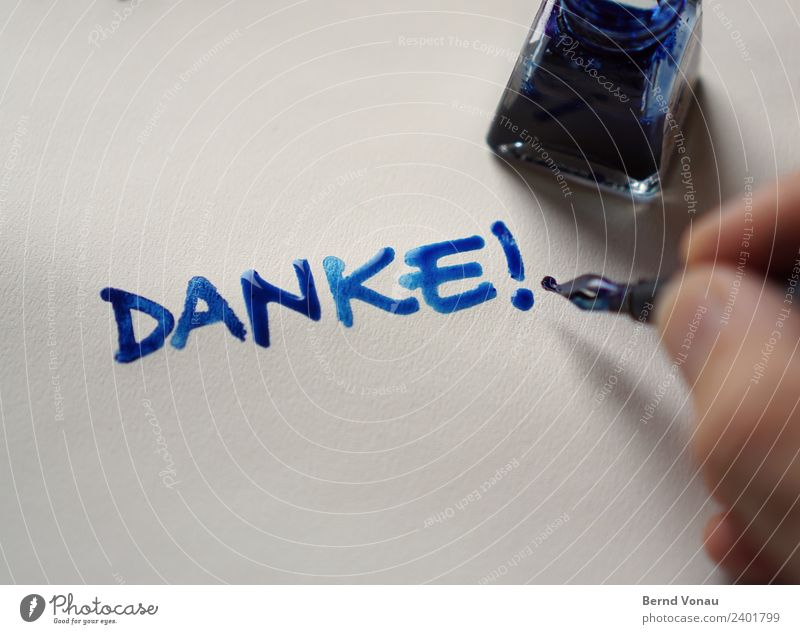 Danke! maskulin Finger Schriftzeichen authentisch nass blau Tusche Tinte Füllfederhalter schreiben dankbar Information Kalligraphie Tintenfaß danken danke schön