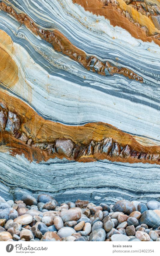 Sedimentäre Gesteinsstruktur Strand Meer Bildung Wissenschaften Geologie Beruf Geologen Umwelt Natur Erde Küste Sehenswürdigkeit Stein blau gelb türkis Design