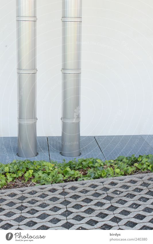 Klare Linie Mauer Wand Fassade Stil Lüftungsrohr Fußweg Grünstreifen Kaminrohr vertikal 2 aufgereiht glänzend parallel Farbfoto Außenaufnahme Menschenleer