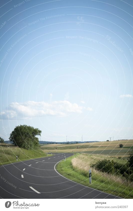 Die Straße entlang Landschaft Himmel Sommer Feld Verkehr Verkehrswege Wege & Pfade Natur Ferien & Urlaub & Reisen Umwelt Kurve Farbfoto Außenaufnahme