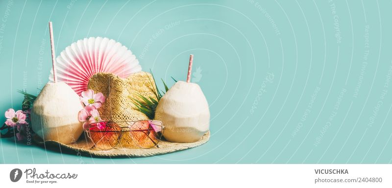 Banner mit Sommer Strand Accessoires Getränk Erfrischungsgetränk Limonade Saft Longdrink Cocktail Stil Design schön Erholung Ferien & Urlaub & Reisen Abenteuer