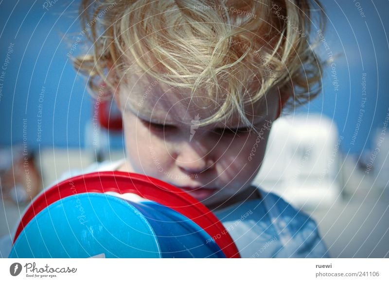 Wasndasn? Spielen Sommer Sommerurlaub Strand Meer lernen Mensch maskulin Kind Junge 1 1-3 Jahre Kleinkind Sand beobachten ästhetisch blau rot Freude Neugier