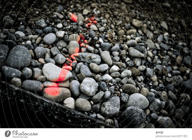 RAL 3024 II Stein Zeichen Schilder & Markierungen Linie Pfeil grau rot schwarz Kieselsteine Asphalt Am Rand kennzeichnen Messung Farbfoto Außenaufnahme