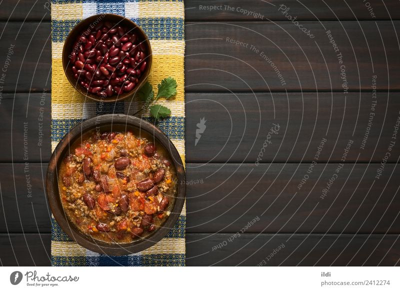 Chili con Carne Fleisch Gemüse frisch Peperoni Lebensmittel Mahlzeit Speise Rindfleisch Boden gehackt Hackfleisch Bohnen Puls Hülsenfrüchtler Tomate schmoren