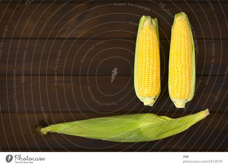 Kolben aus Süßmais Gemüse frisch Gesundheit Mais süß Mast Zucker Hülse Seide Lebensmittel Zutaten roh Heftklammer Overhead Holz drei geschält Kopie Raum