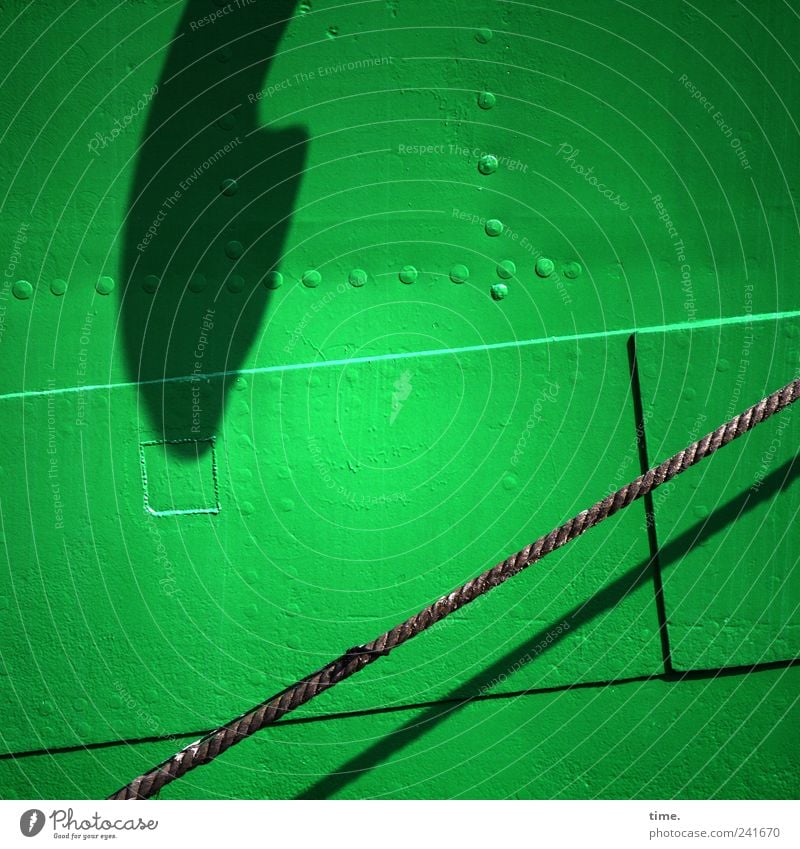 Seemannsgarn Bordwand grün Seil Tau Naht Schatten Sonnenlicht aufwärts Metall Wasserfahrzeug Niete parallel