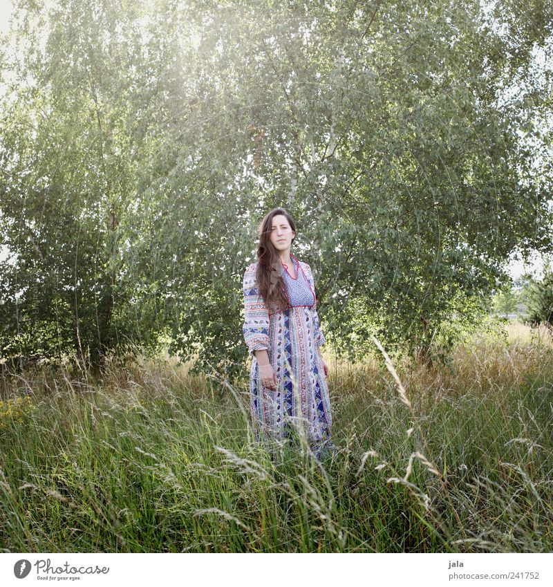 natur | 02 Mensch feminin Frau Erwachsene 1 30-45 Jahre Natur Landschaft Pflanze Baum Gras Grünpflanze Wildpflanze Birke Wiese Blick stehen Farbfoto Licht