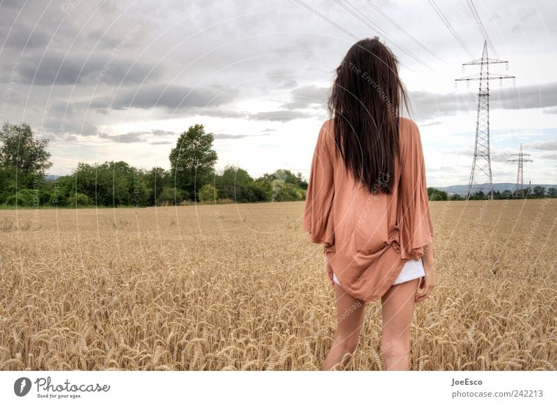 #242213 Lifestyle Ferien & Urlaub & Reisen Ferne Freiheit Sommer Frau Erwachsene Landschaft Himmel Wolken Baum Feld Mode langhaarig beobachten Erholung stehen