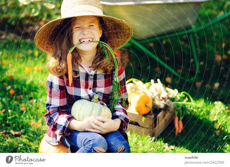 fröhlich lustig Kind Mädchen in Bauernhut und Hemd Gemüse Lifestyle Freude Glück Natur Herbst Wachstum frisch klein natürlich grün Ernte Möhre Kürbis September