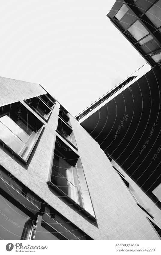 Hebt man den Blick, so sieht man keine Grenzen. Himmel Sommer Schönes Wetter Skyline Hochhaus Bauwerk Gebäude Architektur Mauer Wand Fassade Fenster eckig groß