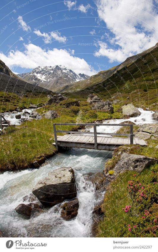 bridge over troubled water Natur Landschaft Pflanze Luft Wasser Himmel Wolken Sommer Schönes Wetter Blume Alpen Berge u. Gebirge Wellen Bach Wege & Pfade Brücke