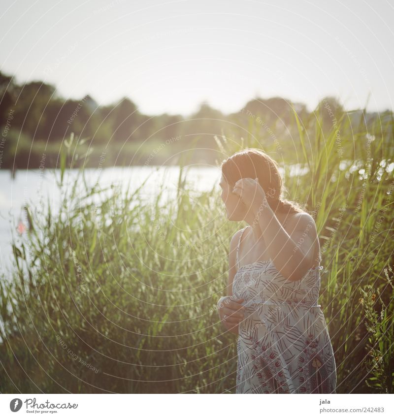 rückblick Mensch feminin Frau Erwachsene 1 30-45 Jahre Natur Landschaft Himmel Pflanze Gras Sträucher See Blick stehen Farbfoto Außenaufnahme Textfreiraum oben