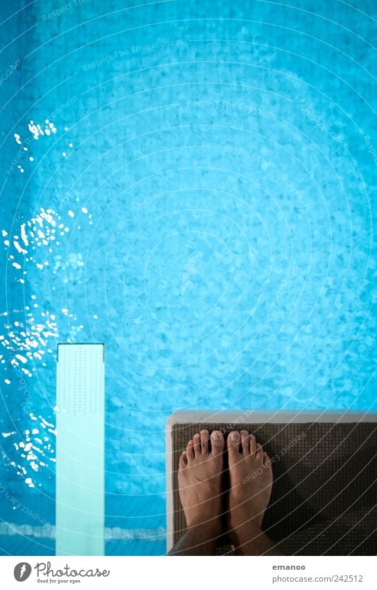 tiefgründig Schwimmen & Baden Sport Wassersport Sportler Schwimmbad maskulin Fuß fliegen springen stehen bedrohlich hoch kalt nass blau Gefühle Mut Angst