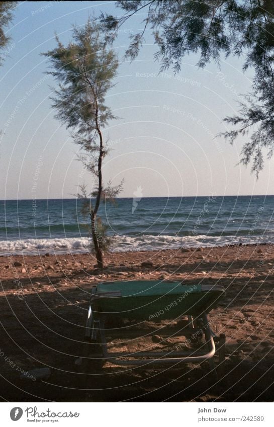 Platz am Meer Ferien & Urlaub & Reisen Tourismus Sommer Sommerurlaub Sonnenbad Strand Baum Sträucher Küste liegen Fernweh Horizont Erholung Liege Rauschen