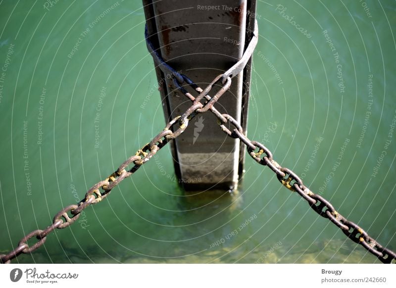 Pfosten im Wasser mit einer gekreuzten Kette Meer Insel Sommer Schönes Wetter Küste Seeufer Flussufer Bucht Anlegestelle Hafen Metall ästhetisch einfach fest