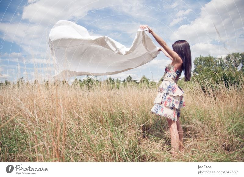 #242667 Lifestyle Freiheit Sommer Sonnenbad Frau Erwachsene Leben Landschaft Himmel Wolken Feld Mode Kleid langhaarig Erholung trendy einzigartig natürlich