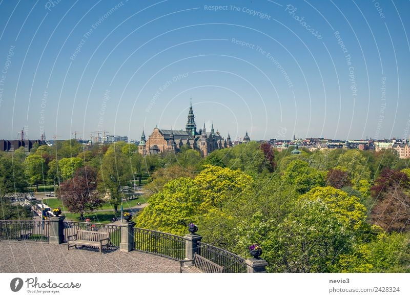 Blick über Stockholm Stadt Natur Landschaft Wolkenloser Himmel Frühling Sommer Schönes Wetter Garten Park Hauptstadt Stadtrand Skyline Kirche Platz Bauwerk