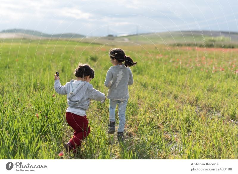 Kindheit Spielen Mensch Baby Mädchen Junge Schwester 2 1-3 Jahre Kleinkind 3-8 Jahre genießen laufen rennen schön Hermandad Geschwister Frühling Feld Rücken