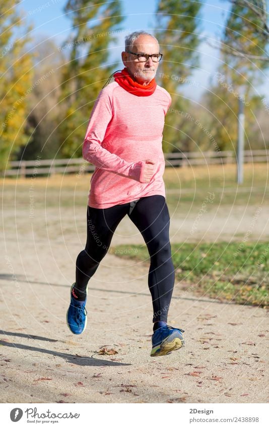 Blick auf den älteren Mann, der durch den Park joggt. Lifestyle Glück Freizeit & Hobby Sport Joggen Mensch maskulin Erwachsene Männlicher Senior 1 60 und älter