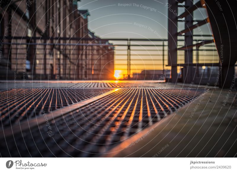 Sonnenuntergang, Spiegelungen auf Stahl Dämmerung Abend Licht Romantik Backstein Alte Speicherstadt Hamburg Deutschland Weltkulturerbe Wasser Blauer Himmel