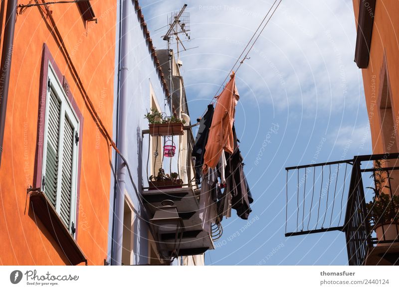 Wäsche auf Leine, pittoreske Gasse, Italien Häusliches Leben Haus Farbe Stadt Straße Wäscheleine Antenne Balkon Häuserzeile Sardinien Balkondekoration