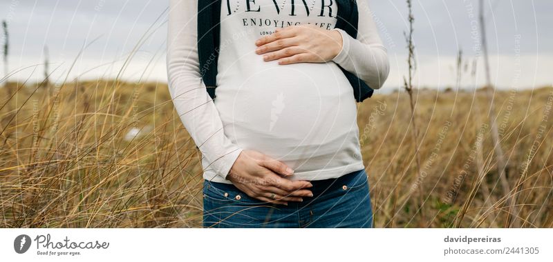 Schwangere Frau, die ihren Bauch streichelt. Lifestyle Freude Freizeit & Hobby Mensch Baby Erwachsene Mutter Familie & Verwandtschaft Hand Natur Landschaft Gras