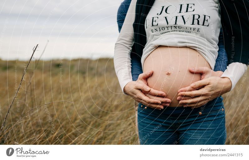 Schwanger mit Partner, der sich umarmt und den nackten Bauch hält. Lifestyle schön Mensch Frau Erwachsene Mann Mutter Paar Hand Natur Landschaft Gras Wiese