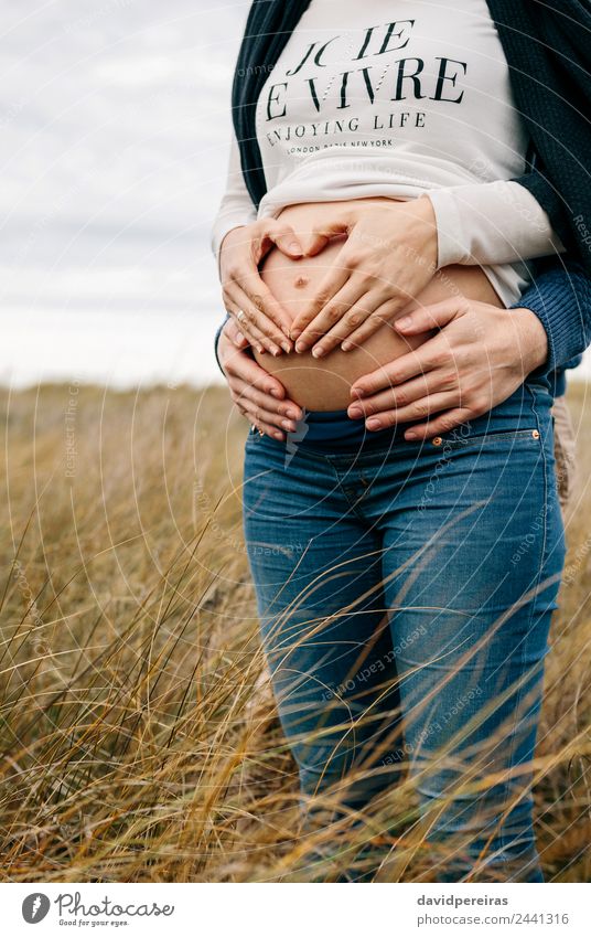 Schwanger machendes Herz mit Händen auf nacktem Bauch mit Partnerin Lifestyle Mensch Frau Erwachsene Mann Mutter Paar Hand Natur Landschaft Horizont Gras Wiese