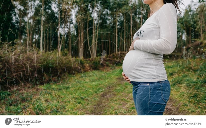 Schwangere Frau, die ihren Bauch streichelt. Lifestyle Mensch Baby Erwachsene Mutter Familie & Verwandtschaft Natur Landschaft Horizont Wind Baum Gras Wiese