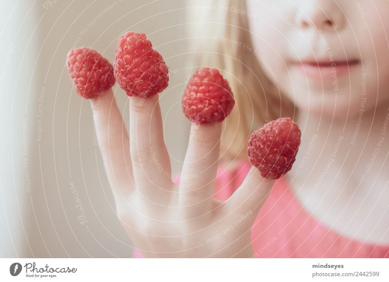 Blondes Mädchen hat sich Himbeeren auf die Finger gesteckt feminin Kindheit Hand 1 Mensch 3-8 Jahre Beeren blond Essen genießen Lächeln Spielen Fröhlichkeit