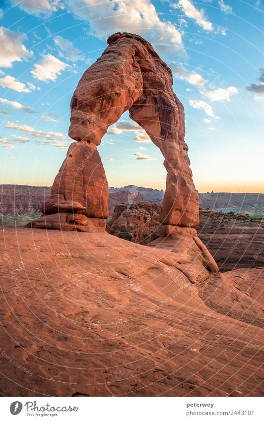 Delicate Arch at sunset in Arches National Park, Utah, USA Ausflug Natur Landschaft Schlucht braun gelb orange schön america Gateway Arch cliff desert Erosion