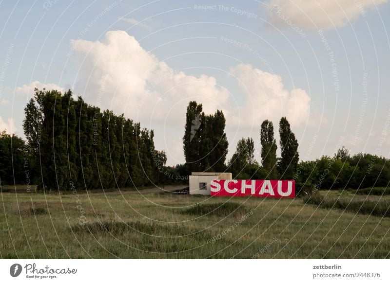 SCHAU Berlin Ferne Flughafen Flugplatz Himmel Himmel (Jenseits) Horizont Menschenleer Skyline Sommer Berlin-Tempelhof Textfreiraum Wolken Container Wort