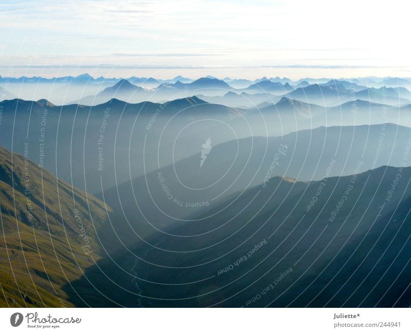 Schöne Aussichten! Natur Landschaft Luft Himmel Wolken Horizont Sonnenlicht Sommer Wetter Schönes Wetter Nebel Hügel Alpen Berge u. Gebirge Engadin Tal Ferne