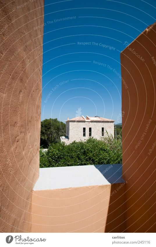 Die weiteren Aussichten: Wolkenloser Himmel Sommer Schönes Wetter Baum Sträucher Haus Gebäude Mauer Wand Fassade Dach beobachten ästhetisch eckig blau braun