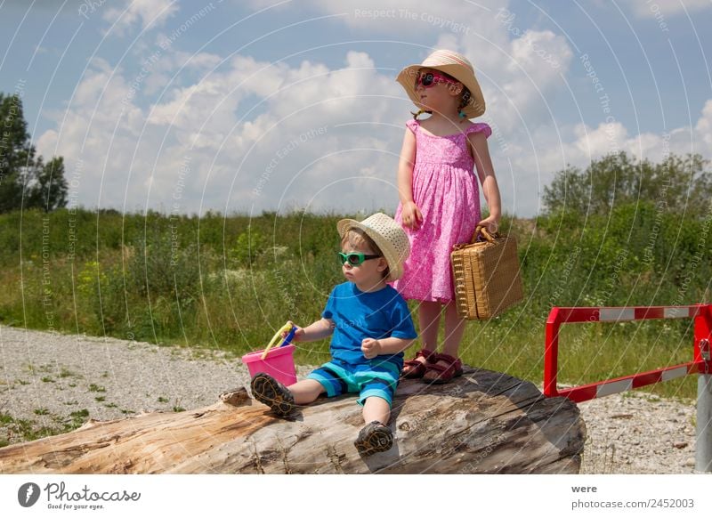 A boy and a girl in toddlerhood are standing on a log in summer clothes Strand Mensch Baby Familie & Verwandtschaft Erholung Ferien & Urlaub & Reisen stehen