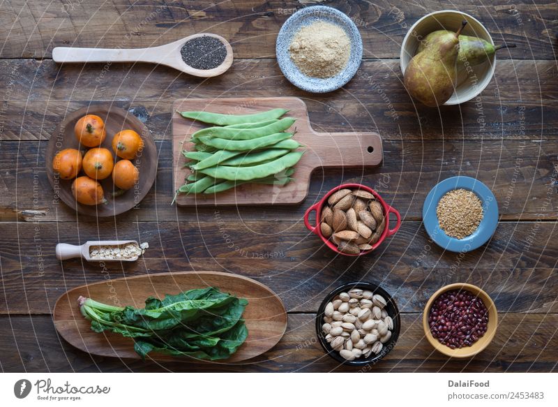 Fasernahrung Lebensmittel Gemüse Frucht Ernährung Essen Vegetarische Ernährung Diät Schalen & Schüsseln Kasten Holz frisch natürlich klug grün Hintergrund