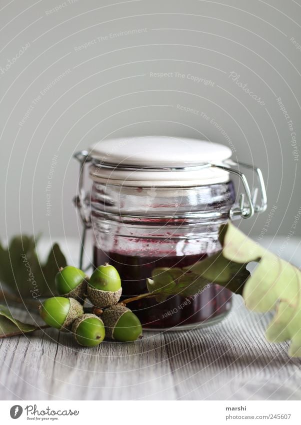 herbstliche Süße Lebensmittel Dessert Marmelade Ernährung Frühstück grün rot Marmeladenglas Eicheln Frucht Pflanze Blatt Einmachglas Stillleben Natur Farbfoto