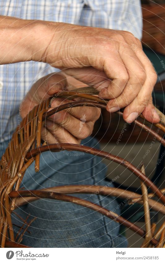 zeitlos | Handwerk Finger Hemd Jeanshose Holz Arbeit & Erwerbstätigkeit berühren Bewegung festhalten authentisch einzigartig natürlich blau braun geduldig