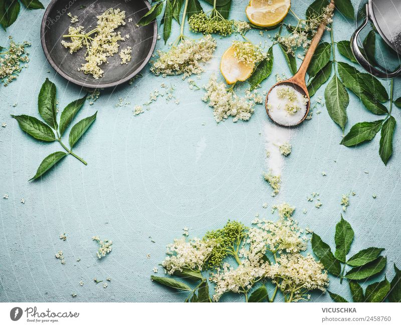 Holunderblüten mit Löffel, Zucker und Zitrone Lebensmittel Marmelade Ernährung Limonade Saft Geschirr Schalen & Schüsseln Gesundheit Alternativmedizin