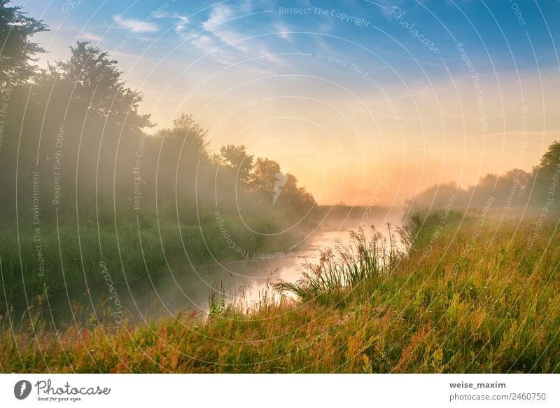 Morgens nebliger Fluss. Sommer nebliger Sonnenaufgang schön Ferien & Urlaub & Reisen Natur Landschaft Wassertropfen Himmel Wolken Sonnenuntergang Herbst