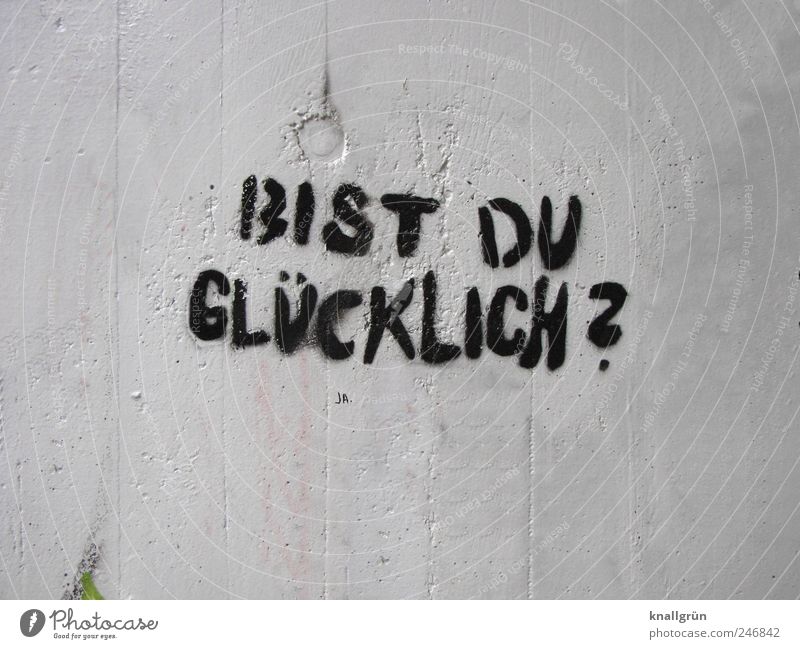 BIST DU GLÜCKLICH? Mauer Wand Zeichen Schriftzeichen Graffiti Kommunizieren schwarz weiß Gefühle Glück Lebensfreude Erwartung Neugier Stimmung Fragen